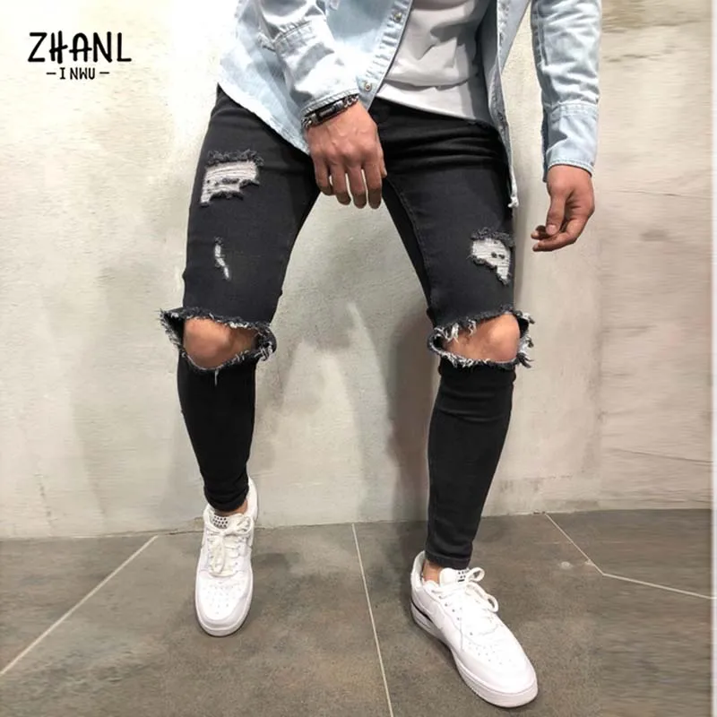 Jeans Pria Punk Hitam Sobek Celana Kasual Fashion Rusak Antik Gothic Celana Lentur Pria Streetwear Jeans Hip Hop Sesuai Pesanan