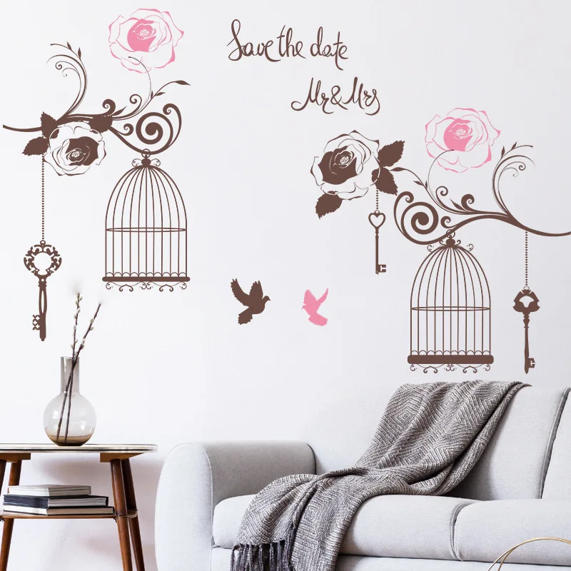 

Rose Flower Branch Bird Cage Wall Sticker Living Room Background Decals Bedroom Home Decoration self-adhesive Beautify Wallpaper