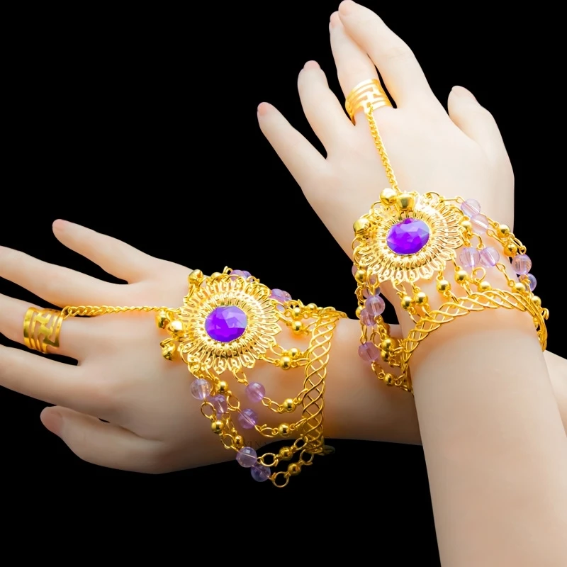 

Belly Dance Indian Bollywood Jewelry Accessories With Rhinestones Bells 1 Pair Golden Dance Bracelet Belly Dancing Accessories