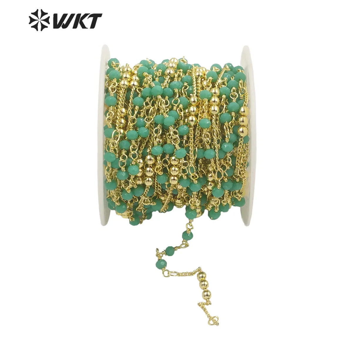 WT-RBC196 Unique women handmake gold plated jewelry Findings chain in Brass with Green beads mix link Chain rosary beads chain