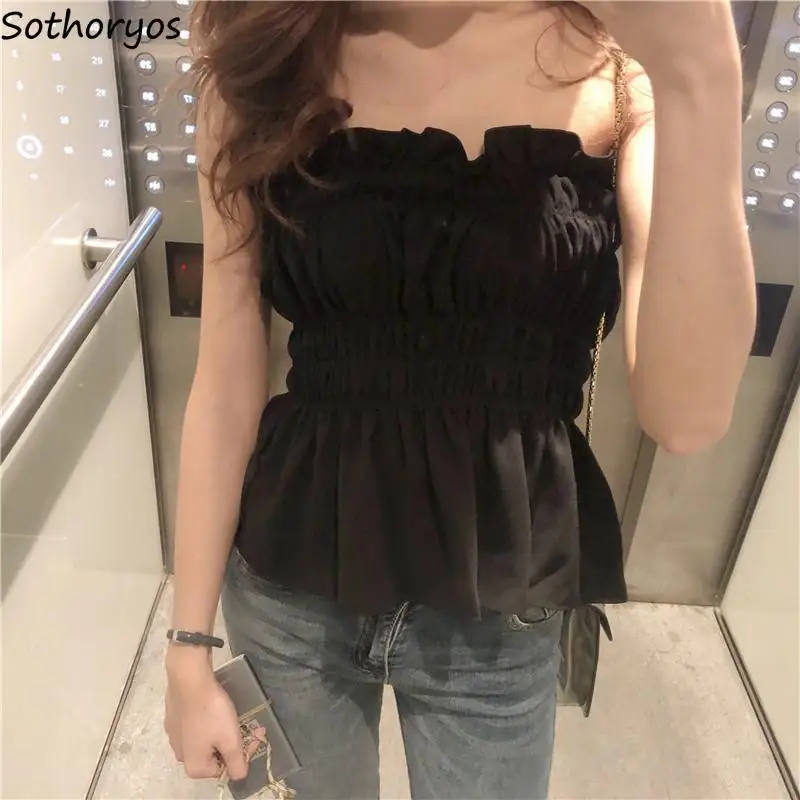 

Tanks Women Solid Summer Elegant Slim Sexy Elastic Waist Retro Tops Female Korean Style All-match Fashion Pleated Leisure Chic