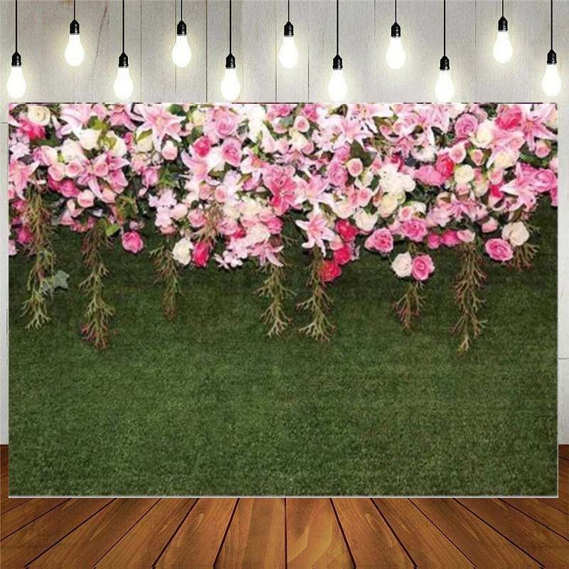 Green Lawn Flower Wall Photography Backdrop Summer Nature Grass Leaves Floral Background Baby Shower Birthday Wedding Banner