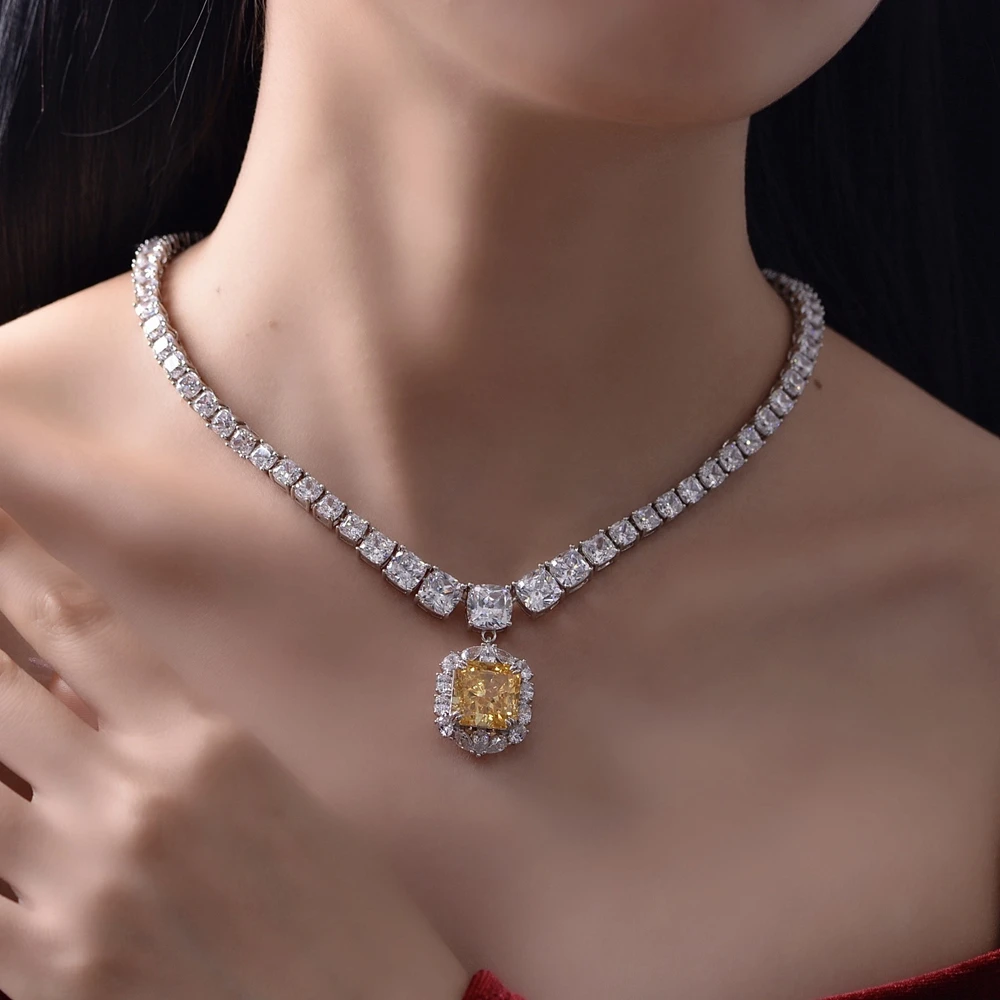 WUIHA Top Quality Luxury Solid 925 Sterling Silver 13*13MM Citrine Gem Created Moissanite Wedding Pendant Necklace Fine Jewelry