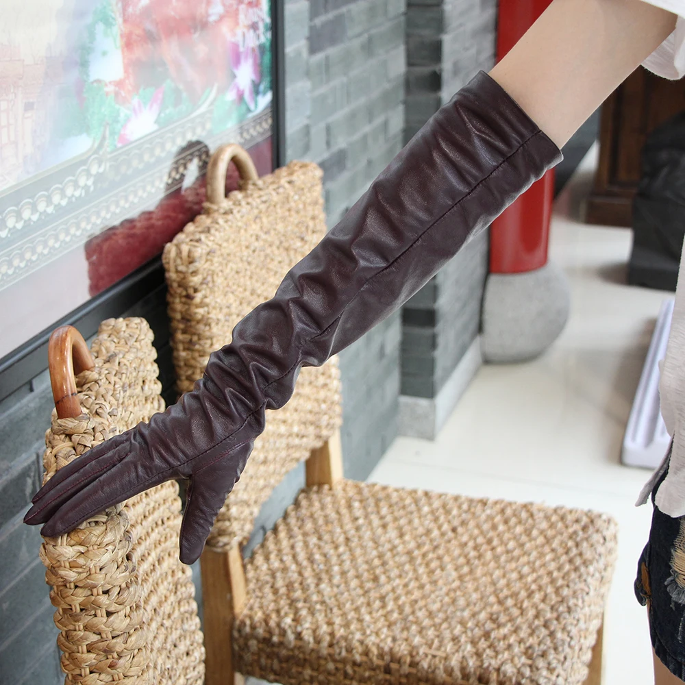 Winter Lady Fashion Sheepskin Leather Gloves Women Genuine Leather Mittens Female Long Style Arm Sleeve Warm Lining