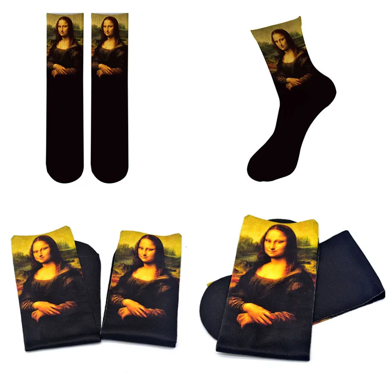 Retro Mona Lisa Sunflower Socks Men's Women Oil Painting Unisex Printed Cotton Socks Spring Fall Art Image Socks Naisten Sukat