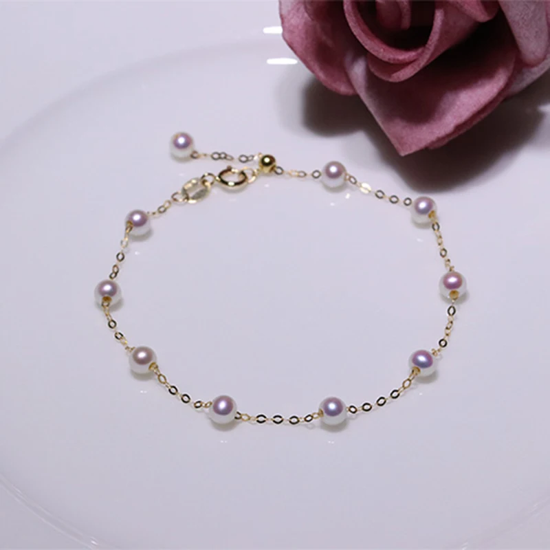 

NYMPH Natural Freshwater Pearl Bracelet 4-4.5mm True 18K Gold AU750 Women's Exquisite Jewelry Party Gift