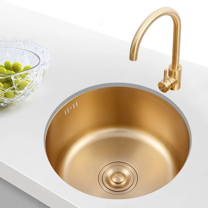 Nano-gold stainless steel kitchen sink bar mini trumpet round sink 304 embedded single slot under the stage