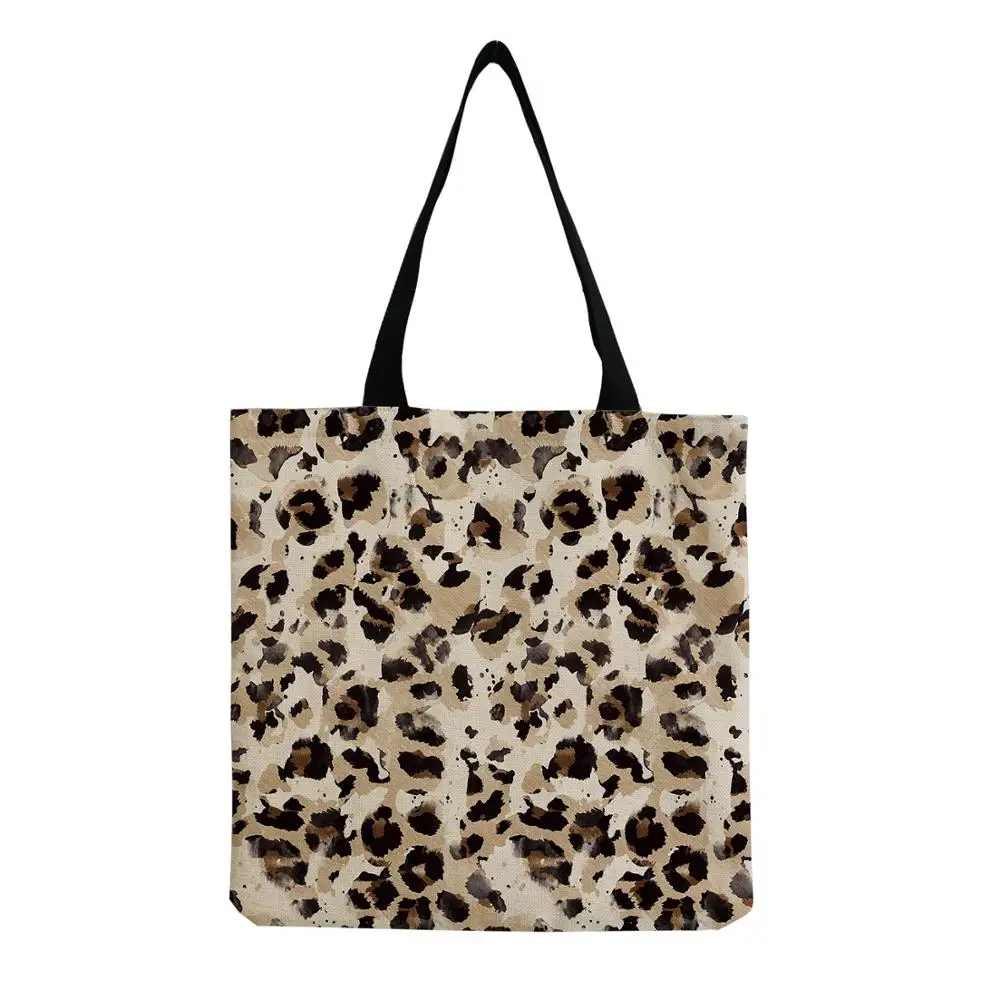 Moda all-match leopard prining bags tote grande capacidade dobrável saco de linho faric nova tendência padrão personalizado sacos para mulher 2020