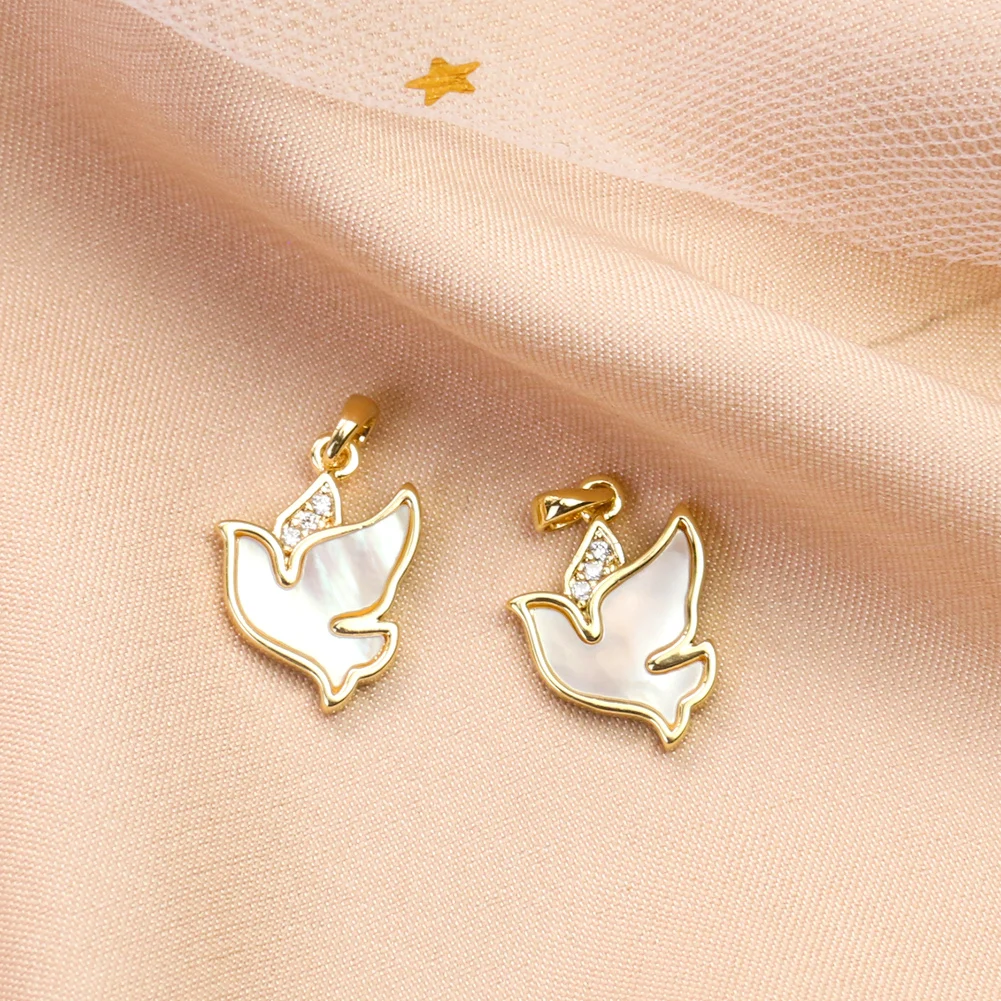 Natural White Shell Peace Dove Bird Charms Inlaid Zircon Gold Plated Pendant Earrings Necklace Women DIY Jewelry Accessories