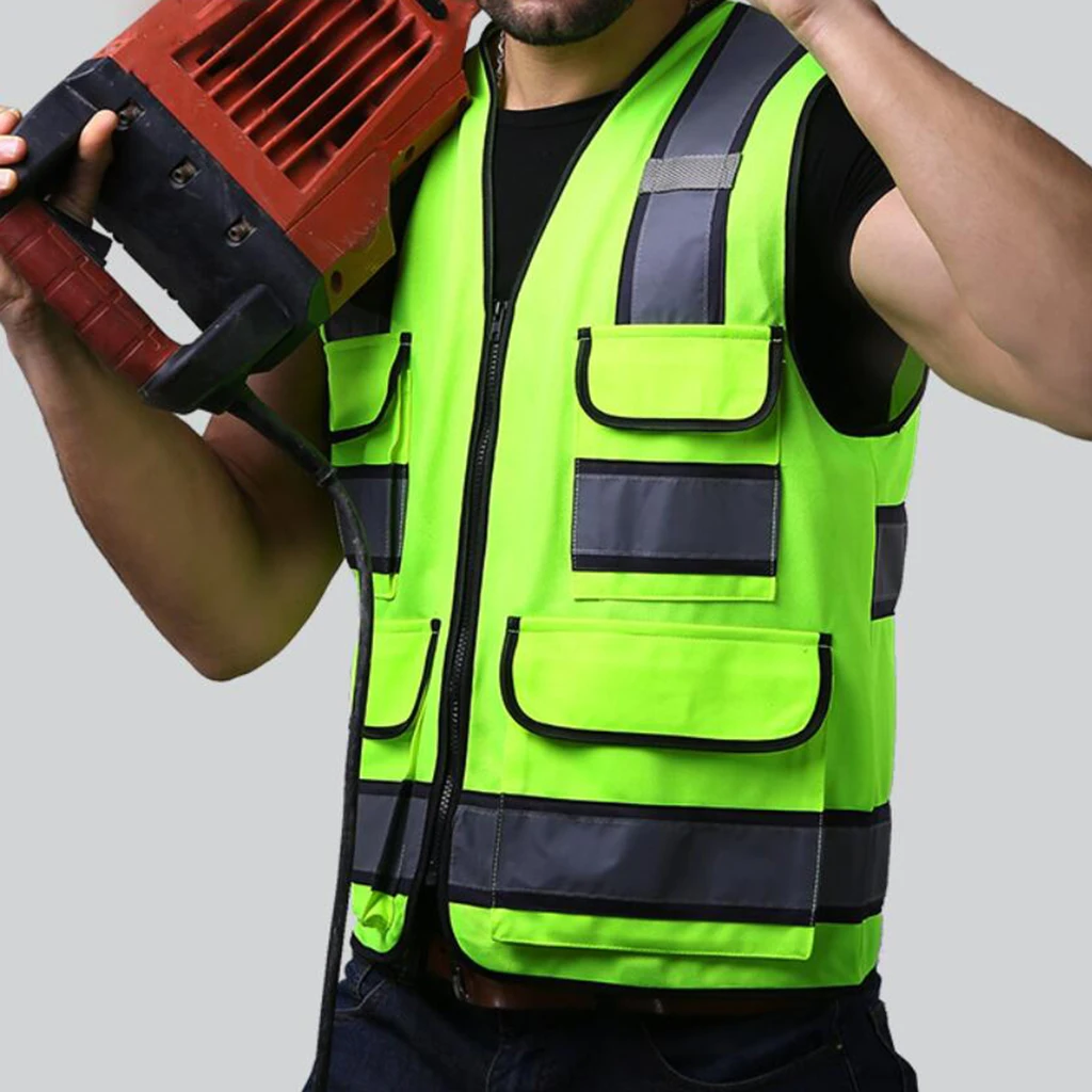 Reflective Vest Safety Sleeveless Waistcoat With Zipper Yellow E