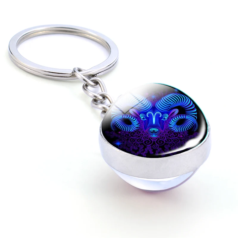 New 12 Constellation Keychain Bull Sheep Lion Crab Scorpion Zodiac Glass Ball Key Chain Car Key Ring Men Birthday Gift