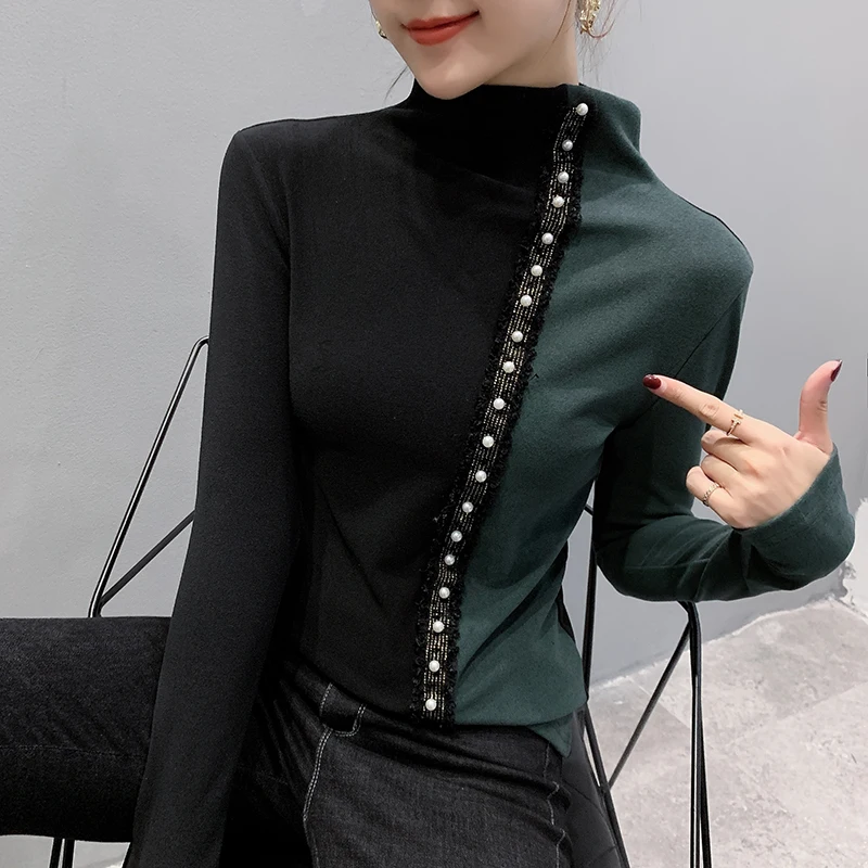 Stretch Beading Patchwork Thick T-Shirt Women Autumn T Shirts Turtleneck Long Sleeve Tops Color Block Tees Elastic 3XL T07927B