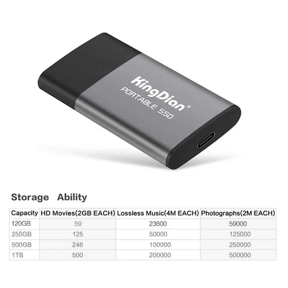 Przenośny dysk twardy Kingdian 120 GB/250 GB Protokół AHCI 400 MB/S Typ-C DO USB3.0 Zewnętrzny dysk twardy SSD