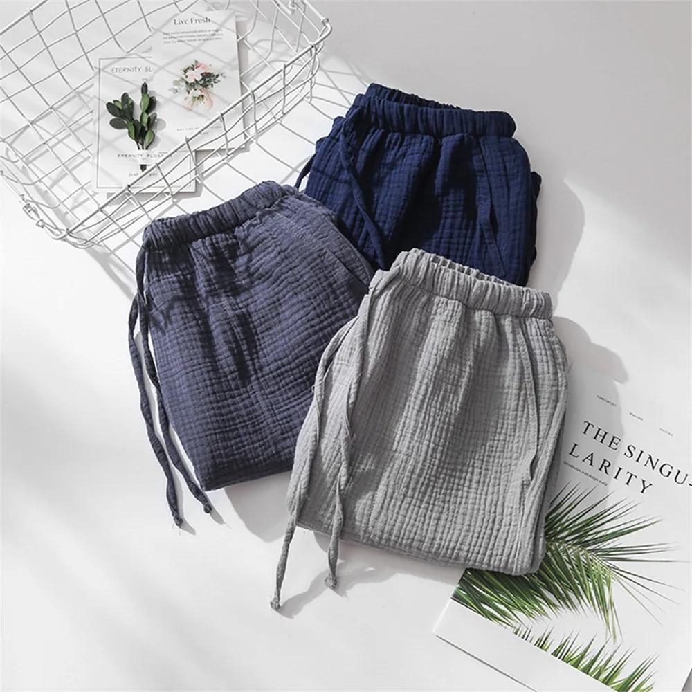 Sleep Bottoms Couples Home Pants Women Men Cotton Gauze Pajama Pants Drawstring Solid Casual Shorts Loose Pyjamas Lounge Wear