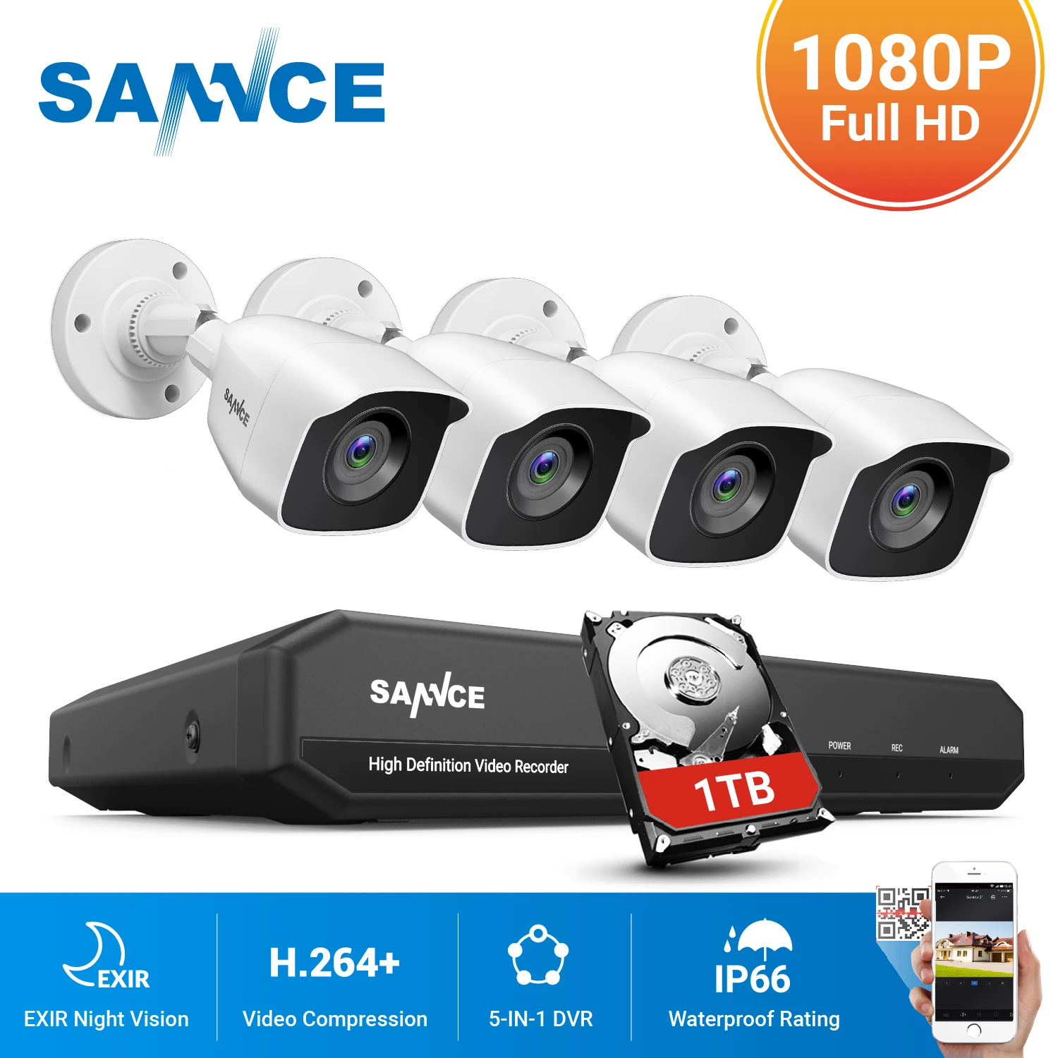 

SANNCE 8CH 1080P Lite DVR CCTV Secuarity System 4pcs 2.0MP Cameras IR Indoor Outdoor Waterproof IP66 Video Surveillance Kit