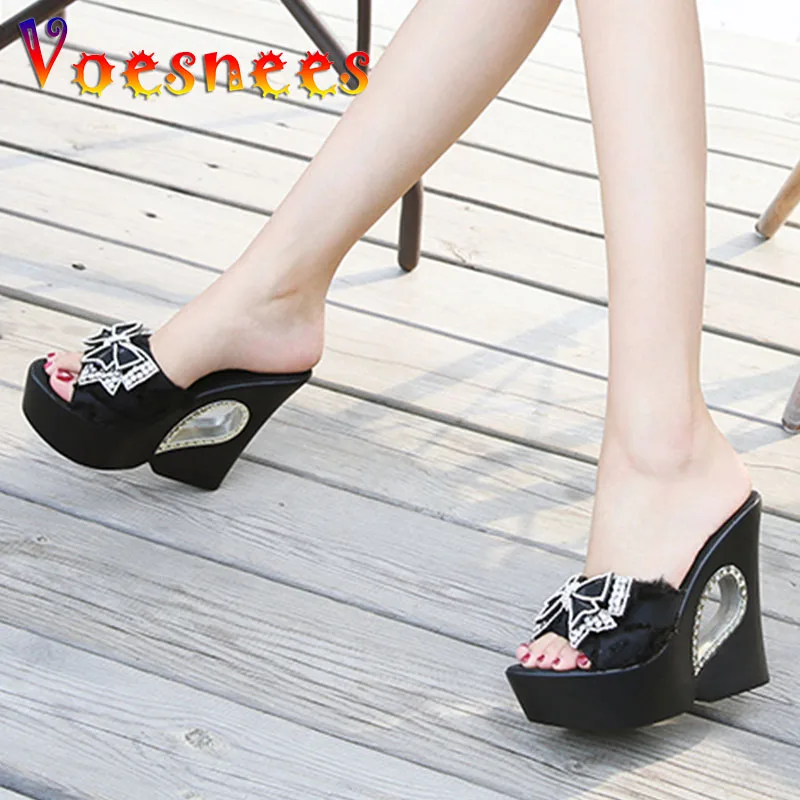 Voesnees 2021 Summer Wedge Slippers Women New Platform Outside Wear Female Shoes Clog Riband Butterfly-knot Slides Ladies Shoes