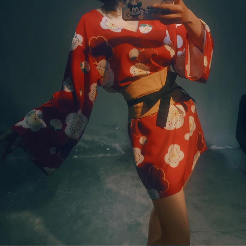 Women's Clothing Summer Red Skirt Japanese Kimono Bow Dresses Printing Size Up One Piece Dress Mini Skirt Close Your Waist Dress