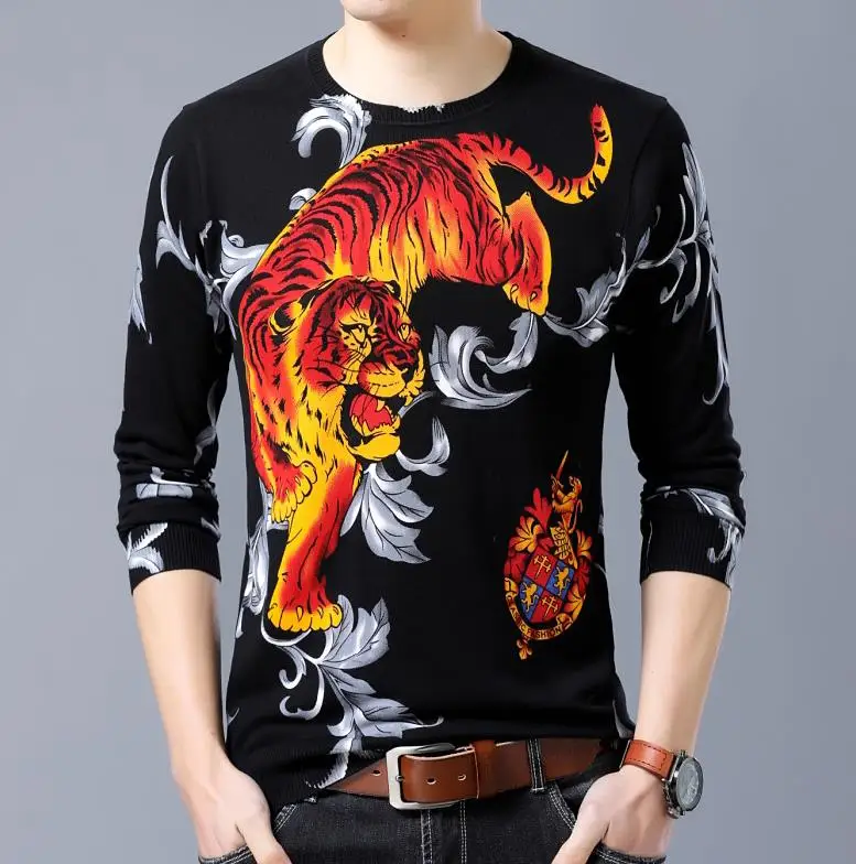 

Casual Creative Men's Tiger Floral Pattern 3D Print Long-Sleeved T Shirt Autumn Cotton Elastic T-shirts Knit Pullover Tee