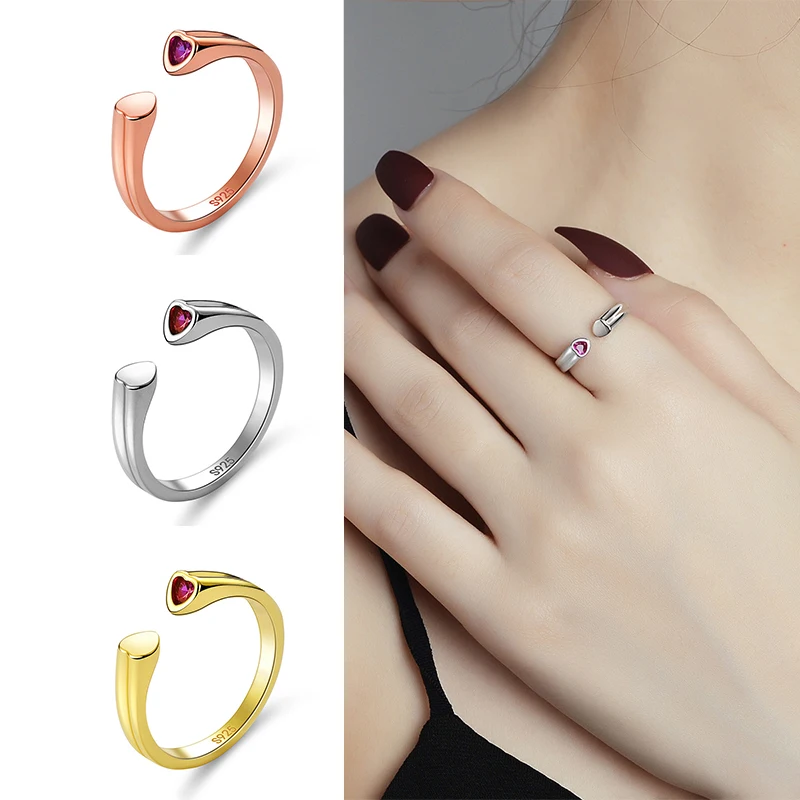 MEETSOFT Trendy 925 Sterling Silver Minimalist Red Heart Zircon 18K Gold Opening Ring for Women Cute Fine Jewelry Drop Shipping