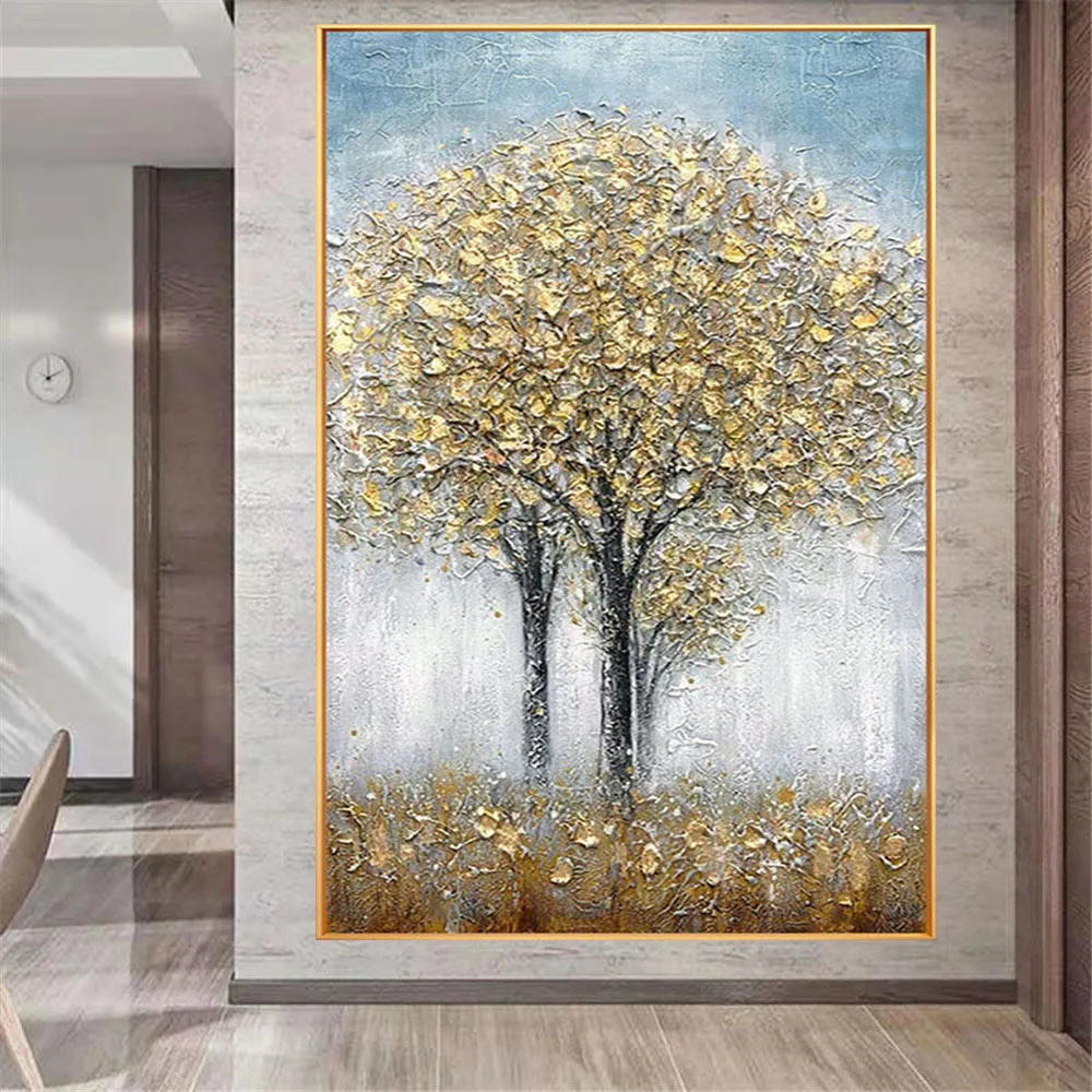 100% Hand-Painted Abstract Oil Painting Wall Art Canvas Poster Gold Trees Picture Decor Home Living Room Healthy And Lucky Mural