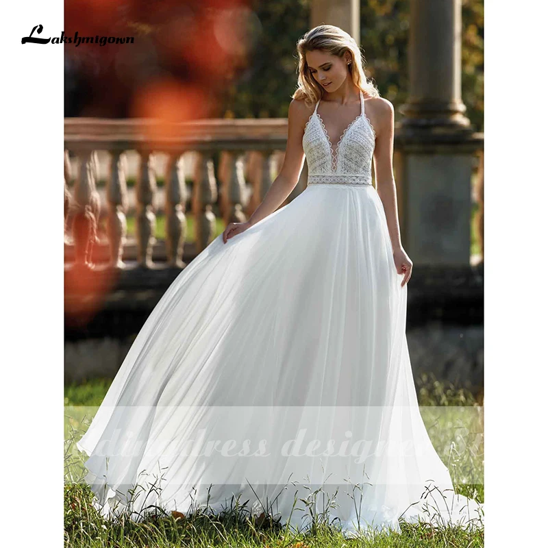 Sexy Halter Boho abito da sposa senza maniche scollo A v Tulle una linea abiti da sposa da sposa bohémien vestido novia abito da sposa da spiaggia