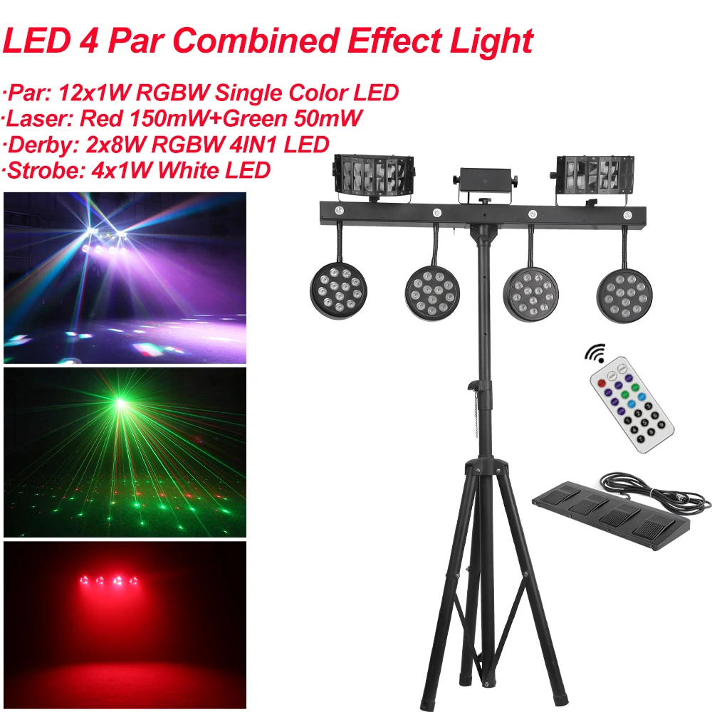 

NEW 126W 4IN1 Effect LED Par Kit 12x1W RGBW Single Color LED Slim Flat Par Lights With Light Stand DMX Strobe Laser DJ Disco