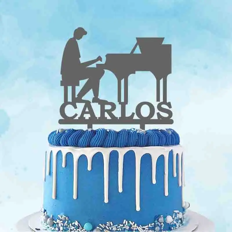 Personalized Piano Cake Topper Custom Name Man Playing Piano Silhouette For Pianist Music Party Cake Decoration Topper