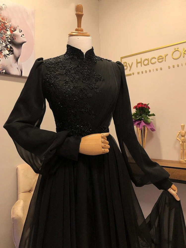 Preto chiffon apliques manga cheia vestido de noite muçulmano gola alta dubai árabe saudita longo formal vestidos de festa robe de soire