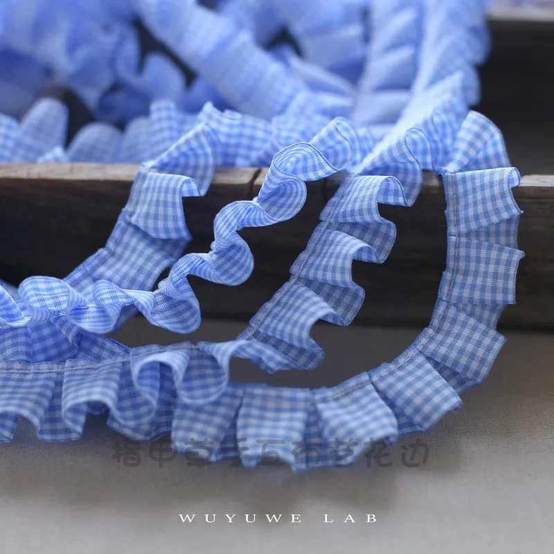 1M Blue Coffee White Plaids Satin Ribbon Pleated Lace Collar Trims Embroidery Laces Sewing Accessories Clothing Hats Decor 2.5CM