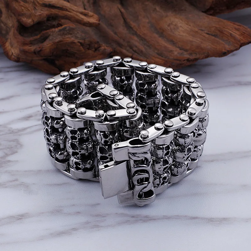 35mm Width Hugh Demon Skull Bracelet Men Heavy Overbearing Motor Biker Wristband