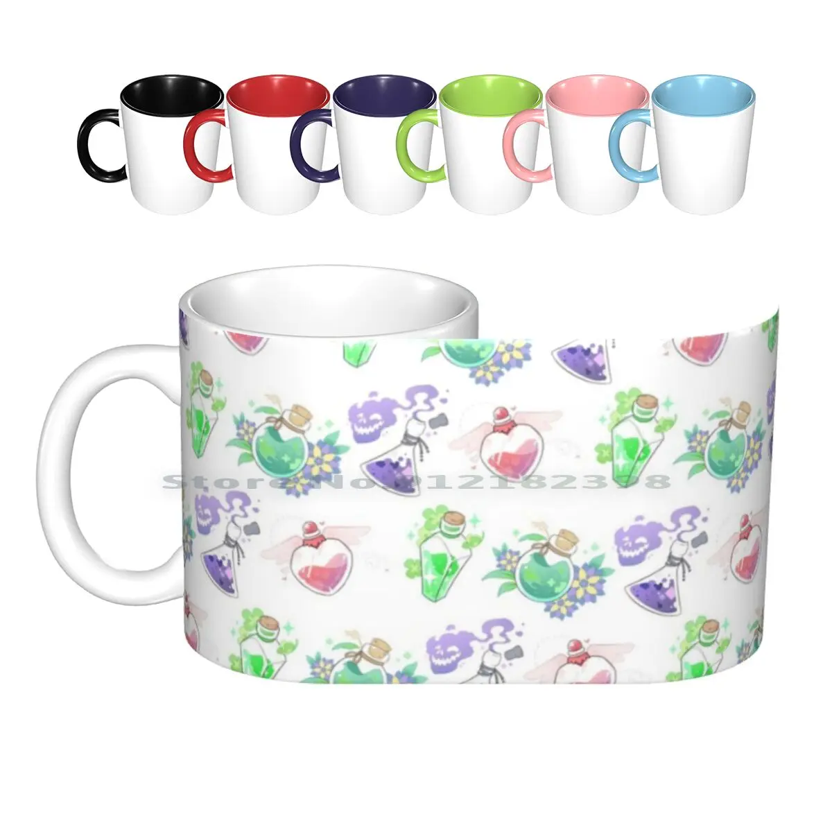 Potion Pattern Ceramic Mugs Coffee Cups Milk Tea Mug Potions Luck Love Vitality Health Poison Toxic Wallpaper Pattern Repeating