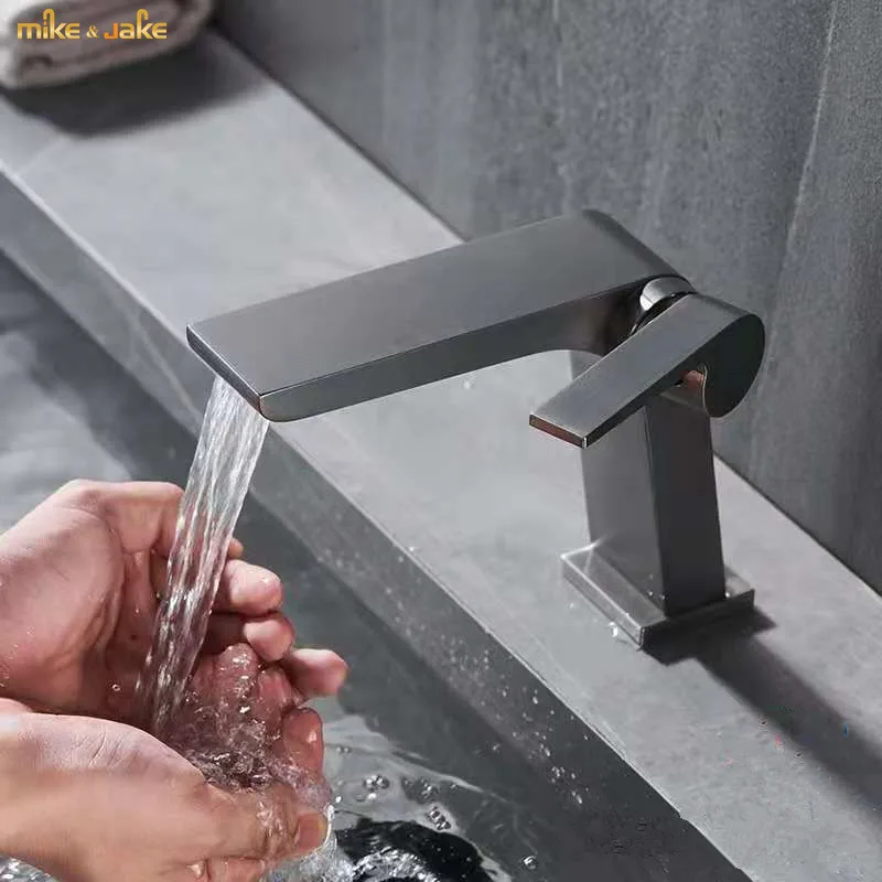 

Gunmetal bathroom faucet single handle hot and cold basin mixer waterfall basin crane mixer matte black sink tap