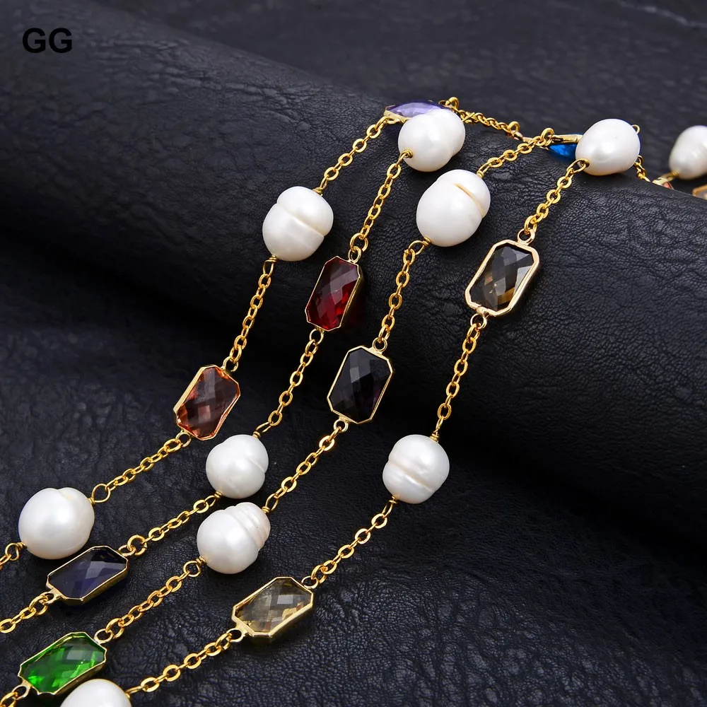 G-G Natural Pearl  64\'\' Natural White Rice Pearl Crystal Gold Color Plated Chain Long Necklace For Women