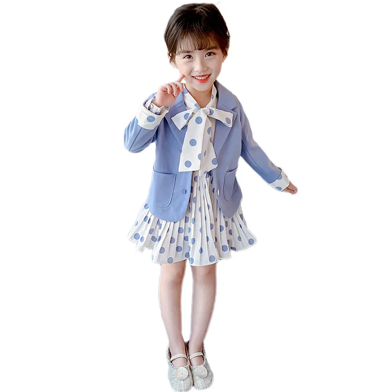 Kids Blazers Sets Spring Autumn Girls Casual 2pcs Dress Suits Jackets Single Breasted Polka Dot Sweet Children\'s Clothes H1