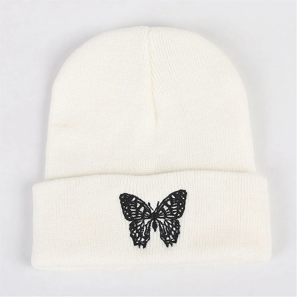 Gorro con bordado de mariposa para hombre y mujer, gorro de lana de estilo hip hop, sólido, para otoño e invierno, venta al por mayor