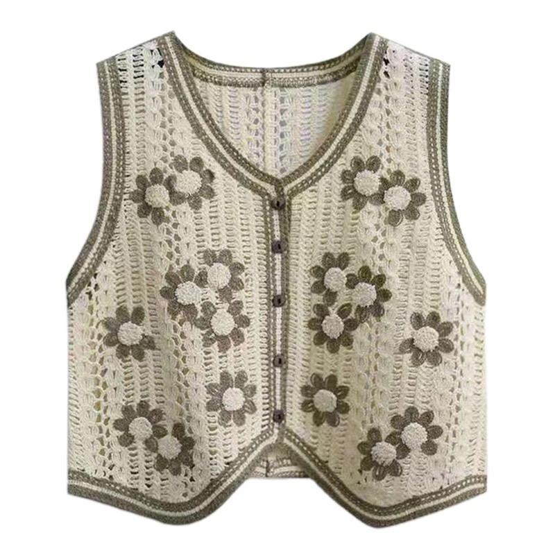 Boho Women Crochet Knit Vest Waistcoat Vintage Colorful Floral Pattern Sleeveless Cardigan Jacket Hippie V-Neck Crop Top