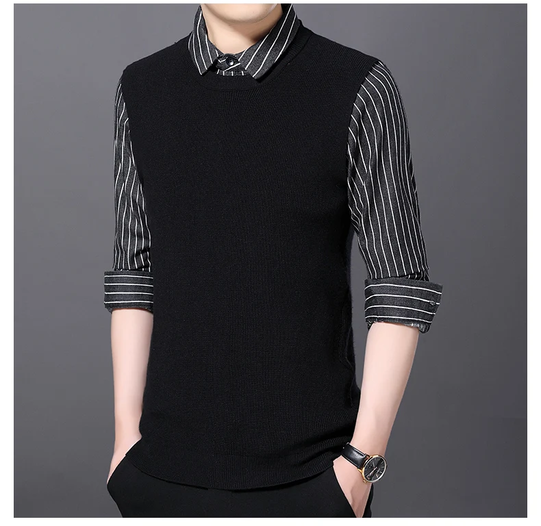 Man Fashion Shirt Collar Sweater Autumn Winter Fake Two-Piece Thick Sweaters Male Casual Patchwork Jumper Pullovers