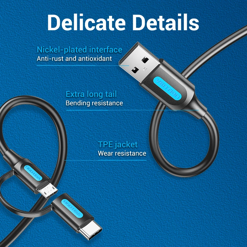 Vention 2 in 1 USB Type C Cable for Xiaomi Mi 9 3A Fast Charging USB Cable for Samsung Galaxy S10 S9 Plus Huawei Micro USB Cable