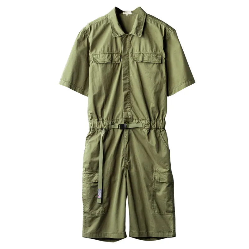 2021 Summer Short Sleeve Jumpsuit Men Overalls Lapel Solid Color Cotton Loose Drawstring Tie Waist Green Khaki Shorts Pants