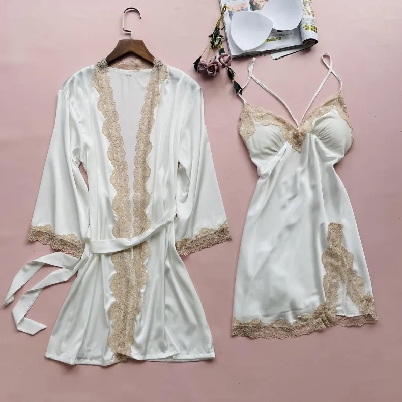 Women Summer Sling Nightgown Bathrobe Robe Sets Sexy Lace Floral Trim Split Bride Dressing Bath Gown M-XL Casual Home Clothes