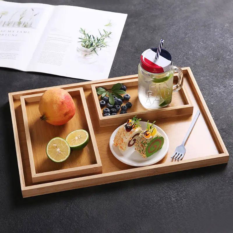 Wooden Bamboo Serving Tray, Tea Cup Saucer Trays, Fruit Plate, Storage Pallet Plate Decoration, Japanese Food Rectangular Plate