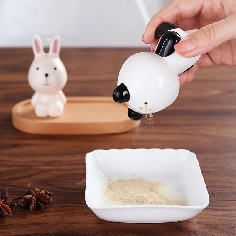 Korean Cute Cartoon Bunny Bear Kitten Panda Ceramic Seasoning Pot Two-piece Creative Home Kitchen Supplies Salt Pepper Pot