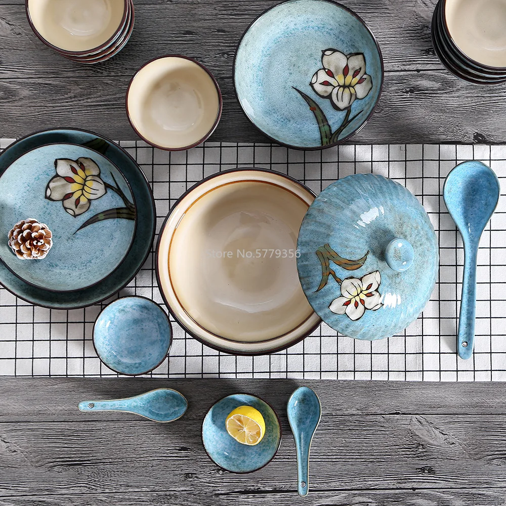 Japanese and Korean Hand-painted Kiln Changing Tableware Set Household Ceramic Rice Bowl Meal Plate Fish Plate Ceramic Tableware