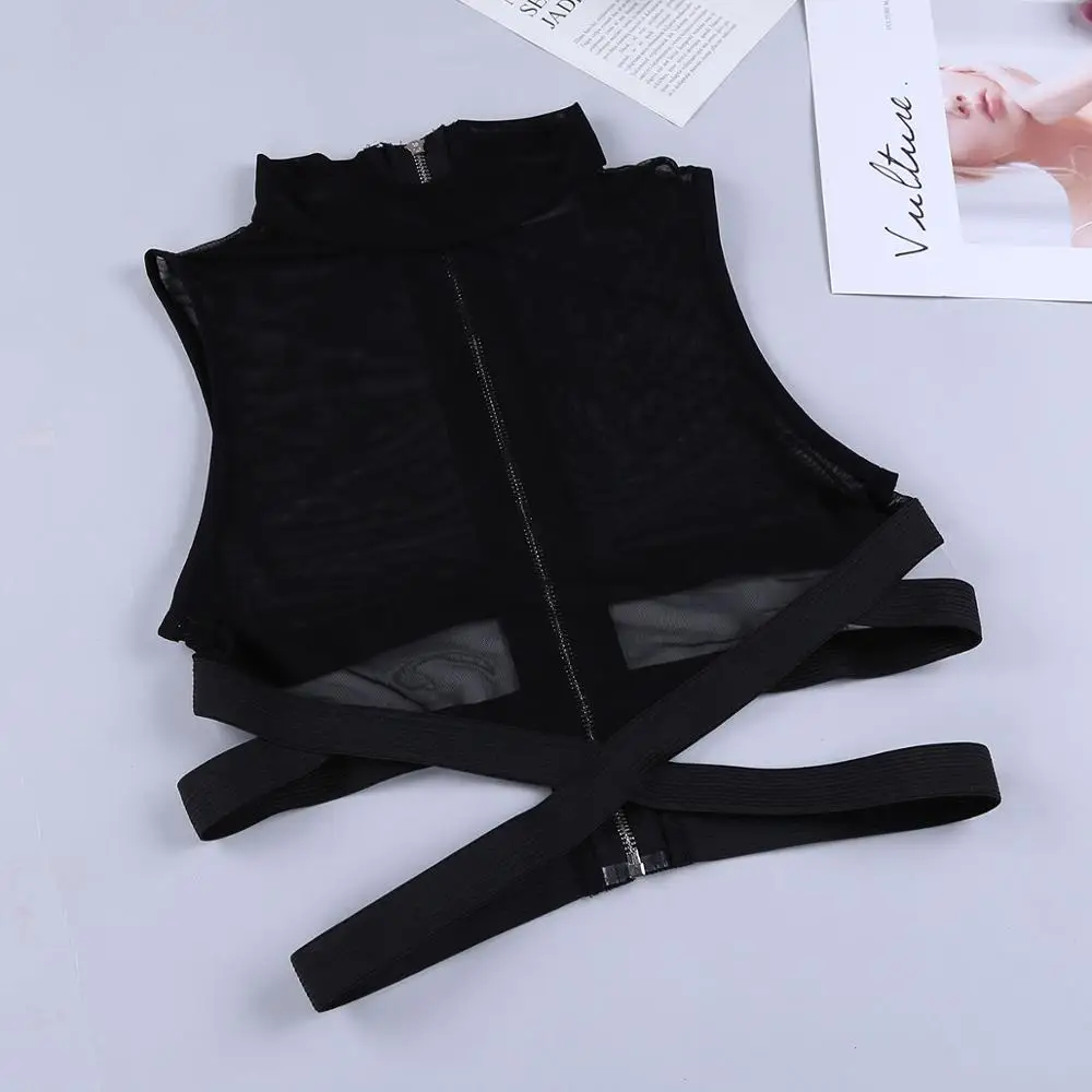 Women Sexy See-through Crop Top Sleeveless Sheer Mesh Zipper Tank Tees Erotic Lingerie Bra Rave Nightclub Clubwear Nightwear