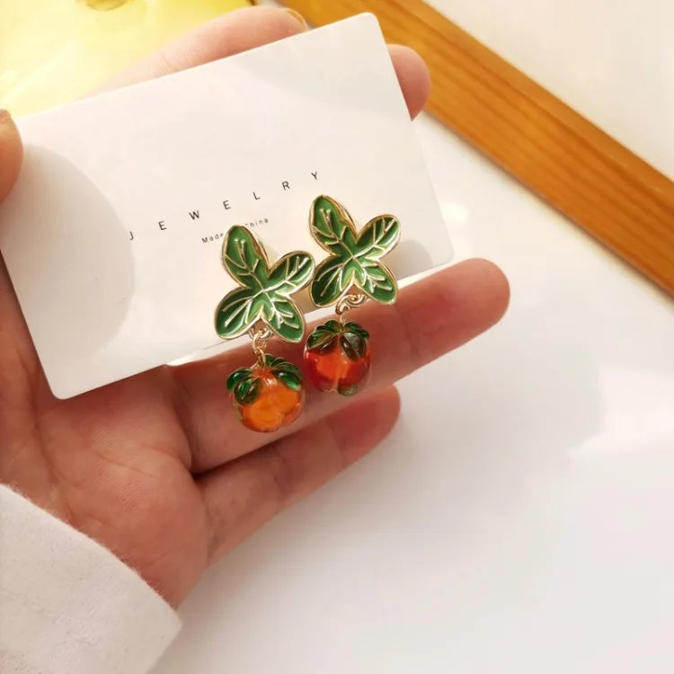 Korean Style Persimmon Lucky Pastoral Glass Cherry Clip Earrings Summer Fruit Orange Clip Earrings No Piercing Girl Ear Jewelry