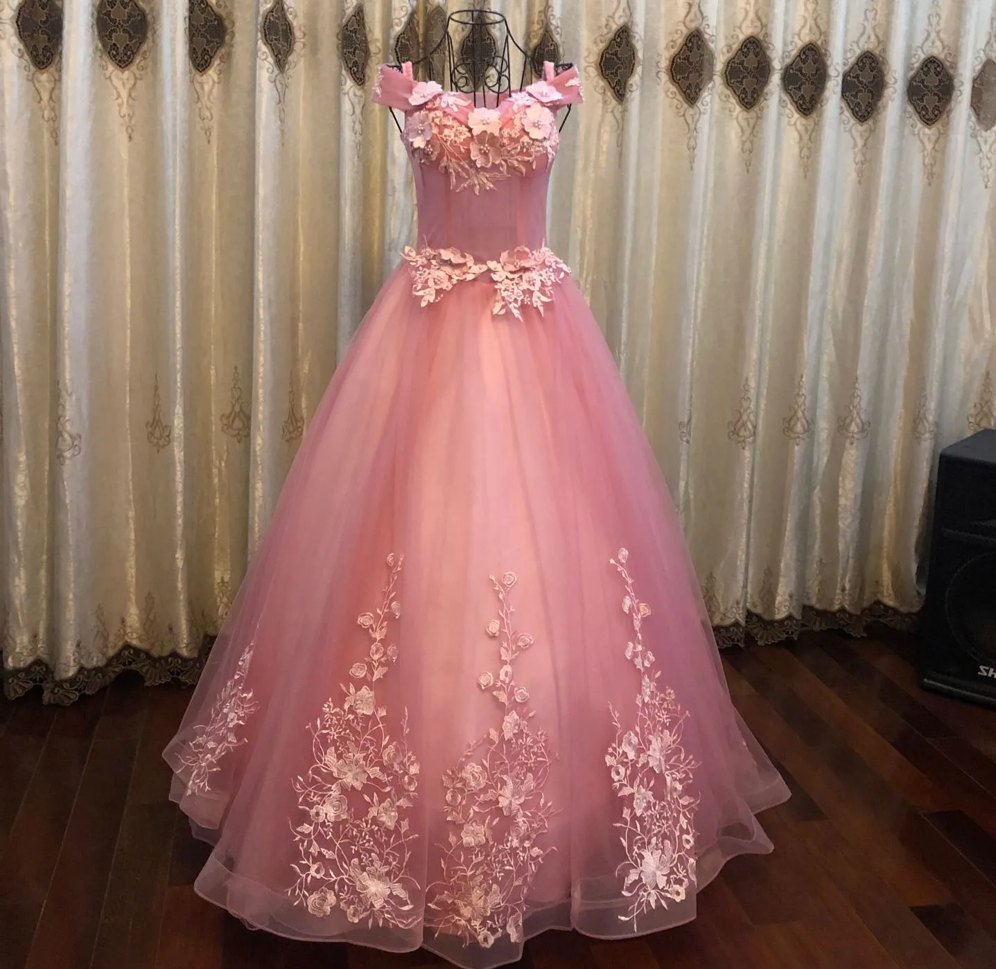 Quinceanera Dress 2021 Bean Pink Ball Gown 3D Flowers Princess Corset Lace Sparkles Sweet 16 Dresses Vestido De Debutante