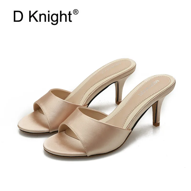 

Summer Fashion Slides Comfortable Satin Slippers Women Shoes Sexy Peep Toe High Heel Mules Dress Pumps Shoe Woman Big Size 34-43