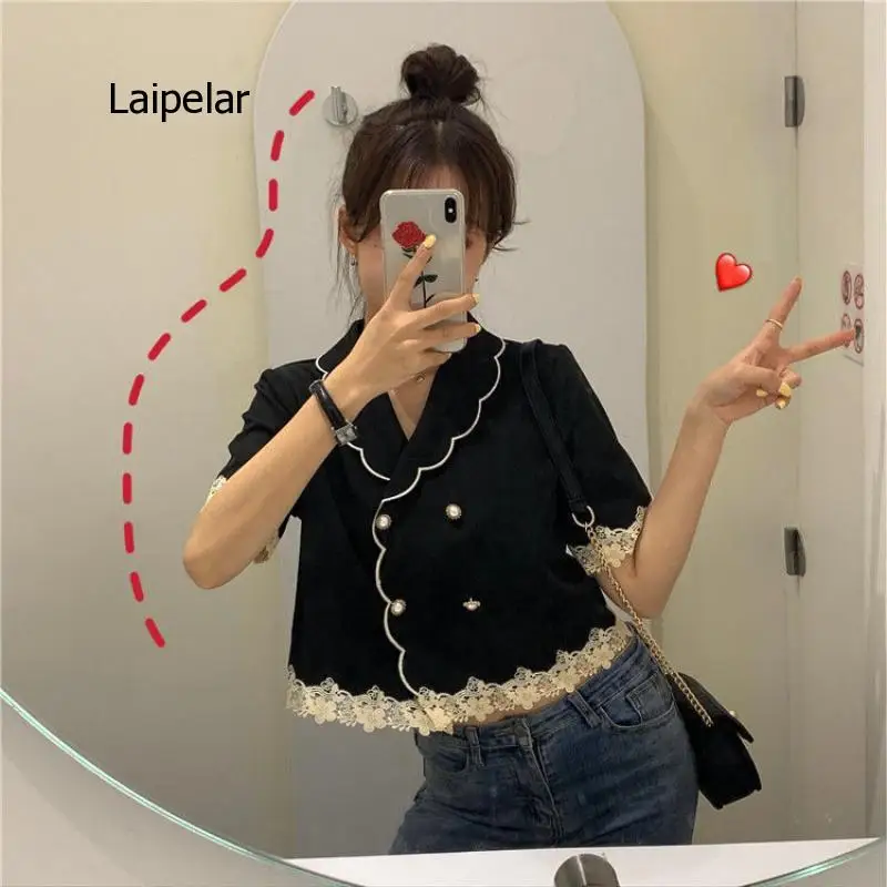 Summer women's clothing lapel billow small kumiku double breasted loose short-sleeved shirt harajuku gothic dress top