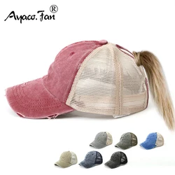 Women Summer Ponytail Baseball Cap Cottony Denim Patchwork Mesh Broken Sunhat Outdoor Sports Vintage Snapback Golf Baseball Hat