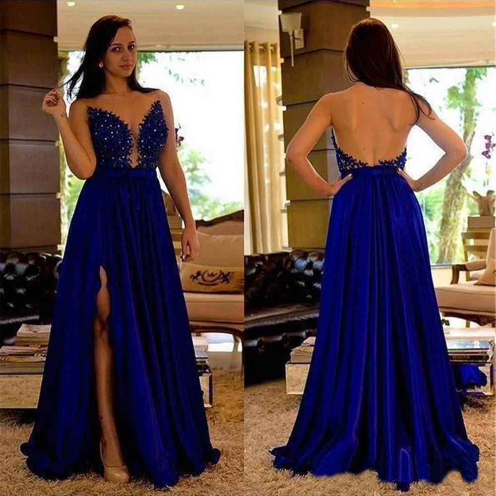 

New Woman Lady Girl Formal A Line Prom Party Gown V-Neck Backless Evening Dresses Sleeveless Satin Applique Custom